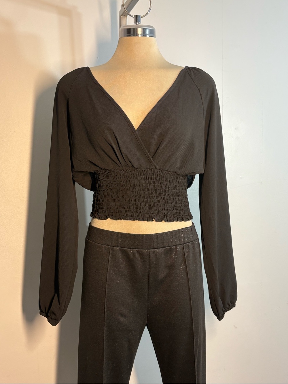 Revamped Black Smocked Waist Wrap Crop Top